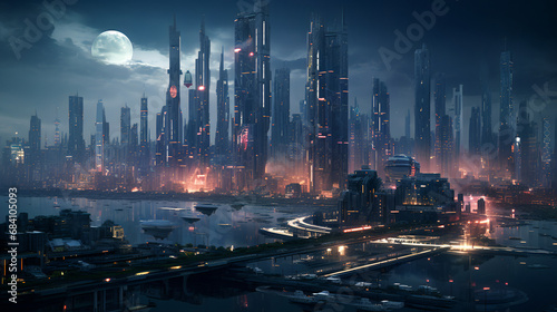 night future city with high building