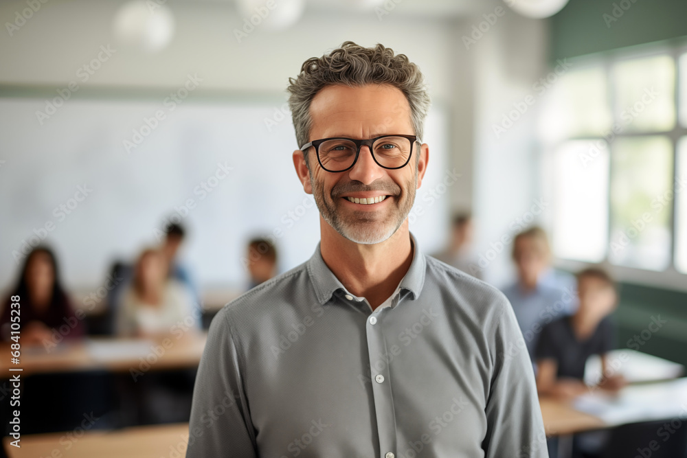 Fototapeta premium Smiling men teacher in a classroom. Teacher in a room. AI. 