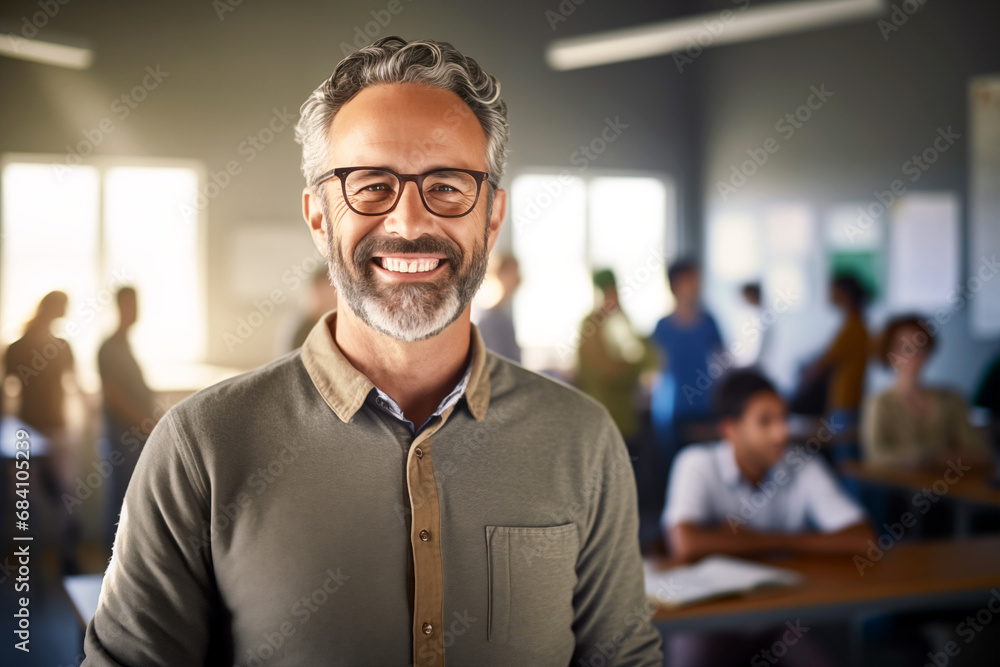 Obraz premium Smiling men teacher in a classroom. Teacher in a room. AI. 