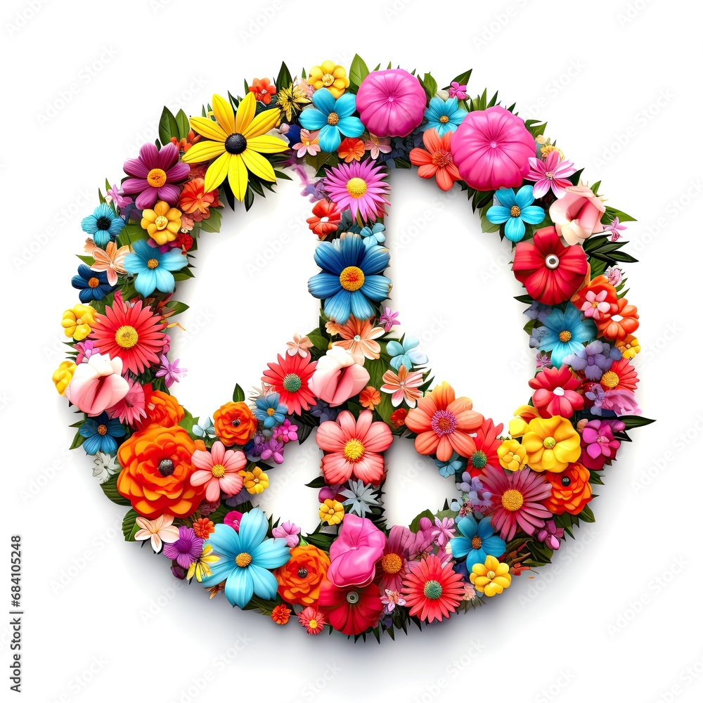 colorful pacifist peace symbol with flowers on white
