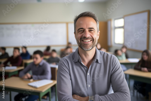 Smiling men teacher in a classroom. Teacher in a room. AI.  photo