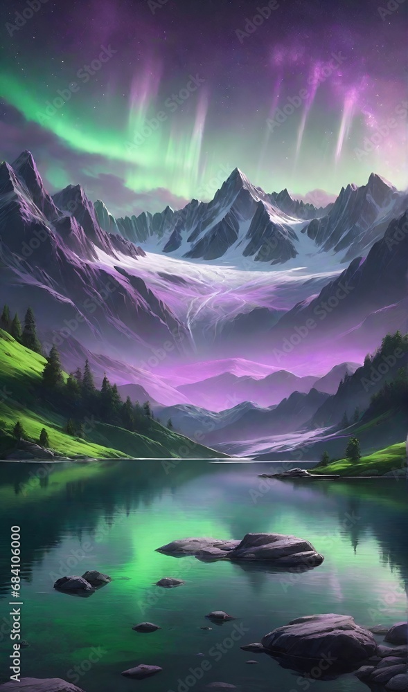 mesmerizing aurora, symphony of vibrant green and soft light purple dancing elegantly over a serene lake and majestic snow mountains.hyper-realistic photograph SHOWS breathtaking beauty of nature
