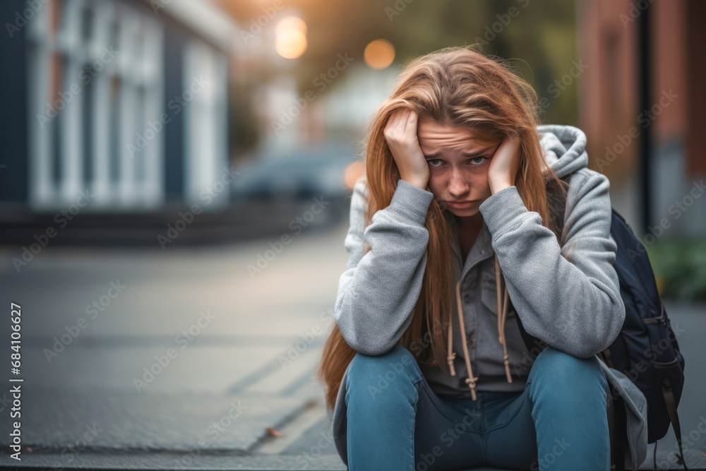 Fototapeta premium Portrait of the depressed woman sitting on the street in the urban road at the large city background. Unemployed social problem concept.