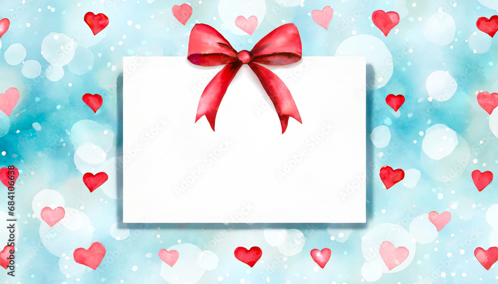 Cute Valentine gift tag with red bow and hearts on blue background with watercolor effect for greeting card