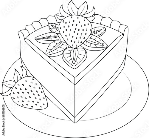 Hand drawn illustration of strawberry flan coloring page for kids and adults. Food and drink colouring book