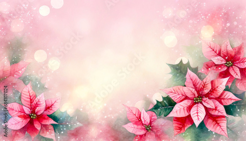Christmas poinsettia border bokeh watercolor effect greeting card with text space