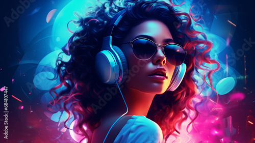 schöne Frau mit Sonnenbrille und Kopfhörer beim Musik hören in cooler sexy Pose. Gehalten in Neonfarben cyan blau und rot pink violet bei dramatischem Licht + Lichteffekt. Querformat. Generative Ai.
