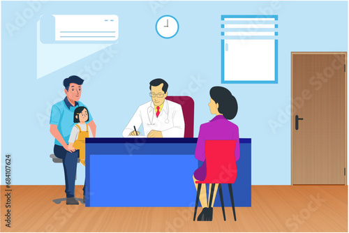 Doctor writes prescriptions to a cute baby with her parents during routine checkup at clinic. Health care vector illustration.