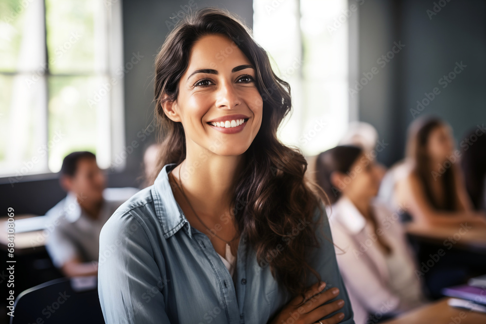 Smiling women teacher in a classroom. Teacher in a room. Lady teacher. AI. Smiling women teacher in a classroom. Teacher in a room. Lady teacher. AI.