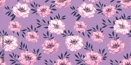 Seamless pattern with ranunculus flowers and leaves. Vector hand drawn. Artistic floral pattern on purple background. Design for fashion, fabric, wallpaper.