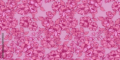 Beautiful blooming pink flower branches seamless pattern. Artistic chic bright floral background. Vector hand drawn. Design for fashion, fabric, wallpaper.