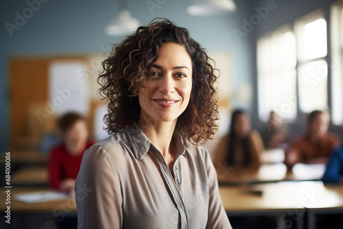 Smiling women teacher in a classroom. Teacher in a room. Lady teacher. AI.