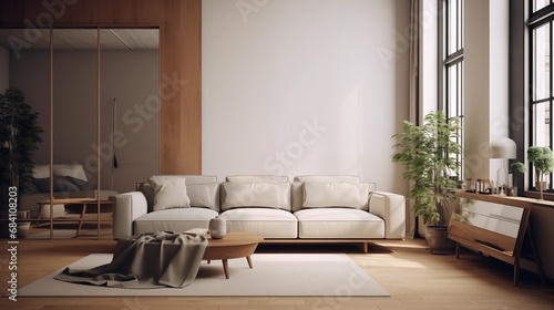 A soft Nordic-style living room with wood furniture. Generative AI.