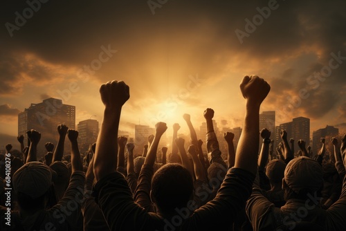 A raised fist of a protestor. large group of protesters. Generative AI