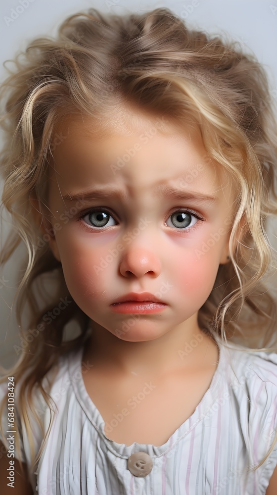 Close-up portrait of crying white girl toddler against white background with space for text, AI generated Close-up portrait of crying white girl toddler against white background with space for text, AI generated