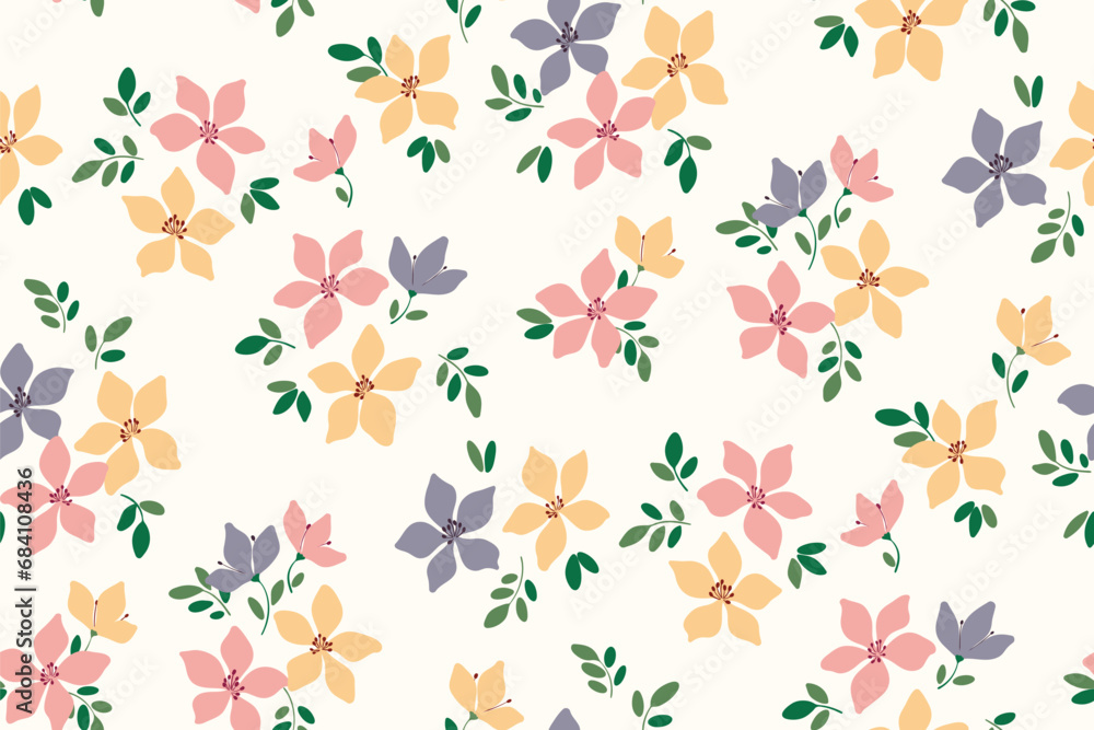 Seamless floral pattern, liberty ditsy print of delicate spring botany. Simple cute botanical design: small hand drawn flowers, leaves, tiny romantic bouquets on white background. Vector illustration.