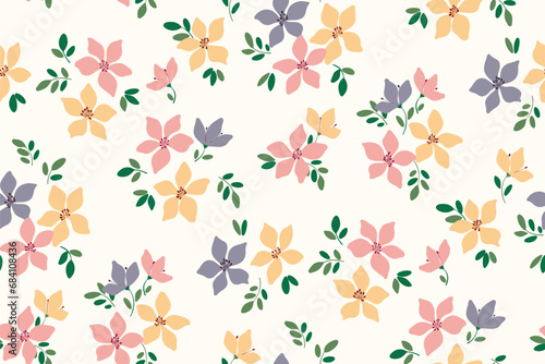Seamless floral pattern, liberty ditsy print of delicate spring botany. Simple cute botanical design: small hand drawn flowers, leaves, tiny romantic bouquets on white background. Vector illustration.