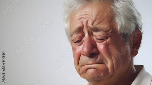 Portrait of crying elderly white male against white background with space for text, AI generated photo