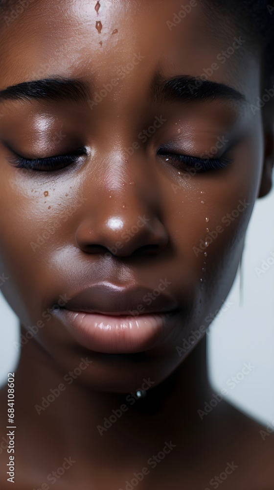Close-up portrait of crying black female against white background with space for text, AI generated