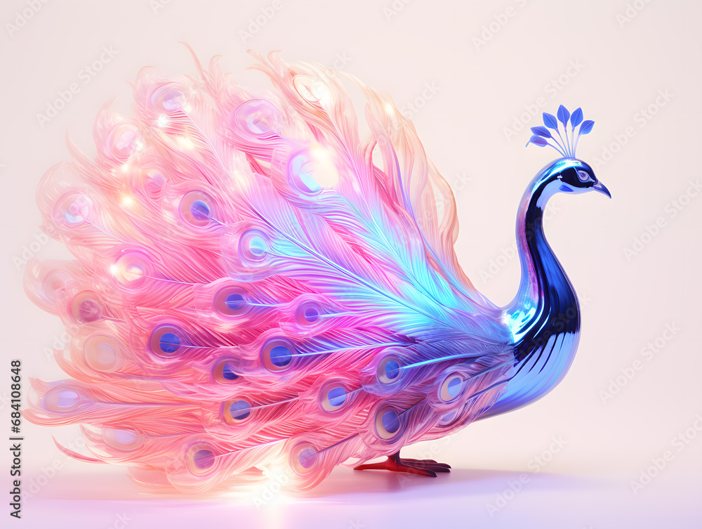 Obraz premium Peacock with colorful crystal feathers on the white background. 3d illustration
