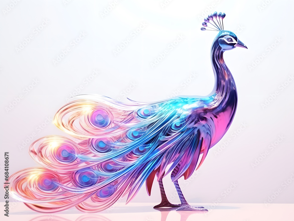 Obraz premium Peacock with colorful crystal feathers on the white background. 3d illustration