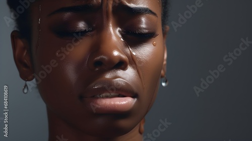 Close-up portrait of crying black female against white background with space for text, AI generated
