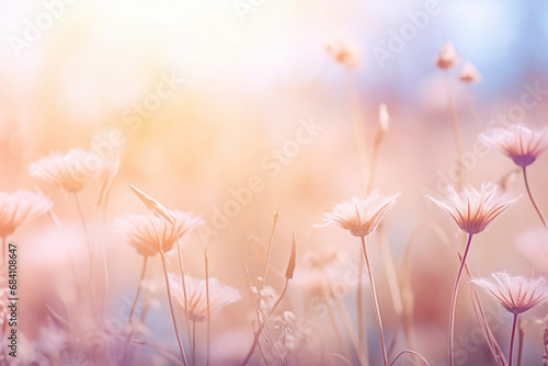Abstract floral background of pink flowers in pastel colors in a soft style for spring or summer. Banner background with copy space.