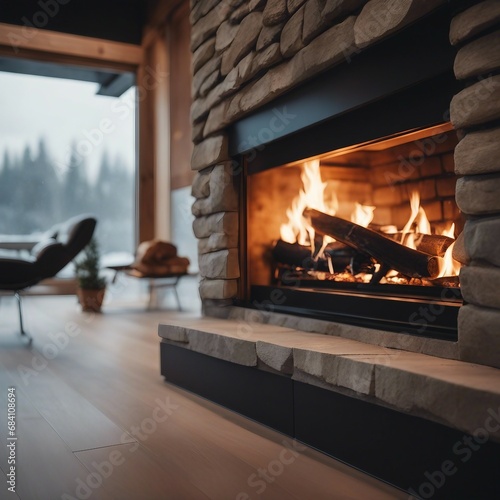 Wood fire in a fireplace, in a modern living room, winter landscape seen through a window in the background