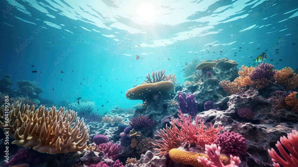 Fototapeta premium Underwater coral reef with colorful fish. Generative Ai
