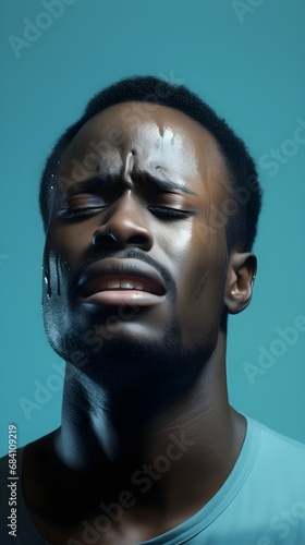 Portrait of crying black male against light blue pastel background with space for text  AI generated