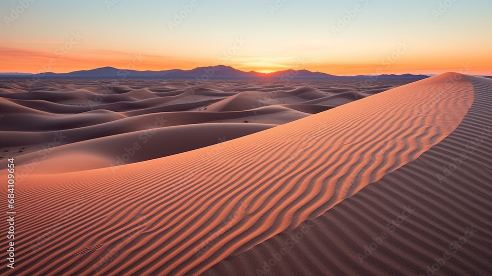 Silent Desert Dunes at Dusk: Capture the stillness of a desert landscape as the sun sets, casting long shadows over the silent and undulating dunes