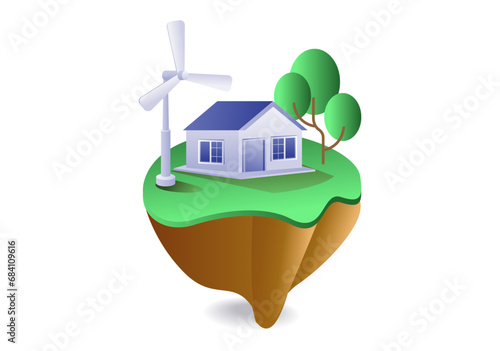 Infographic concept of eco green minimalist house with windmill electrical energy