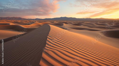 Silent Desert Dunes at Dusk: Capture the stillness of a desert landscape as the sun sets, casting long shadows over the silent and undulating dunes