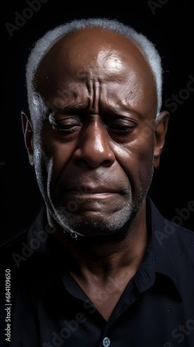 Portrait of crying elderly black male against dark background with space for text, AI generated