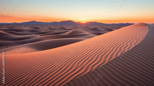 Silent Desert Dunes at Dusk  Capture the stillness of a desert landscape as the sun sets  casting long shadows over the silent and undulating dunes