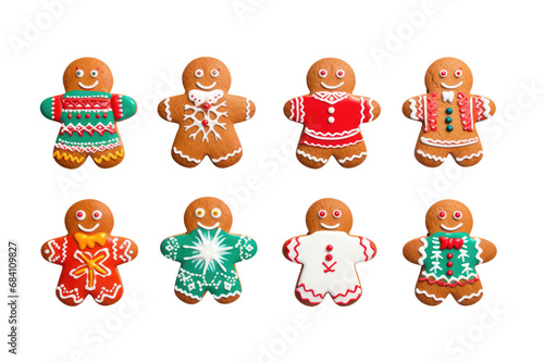 set of beautiful decorated gingerbread mans objects isolated on white or transparent png