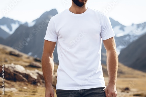 White blank t shirt mock up. Men mountains background