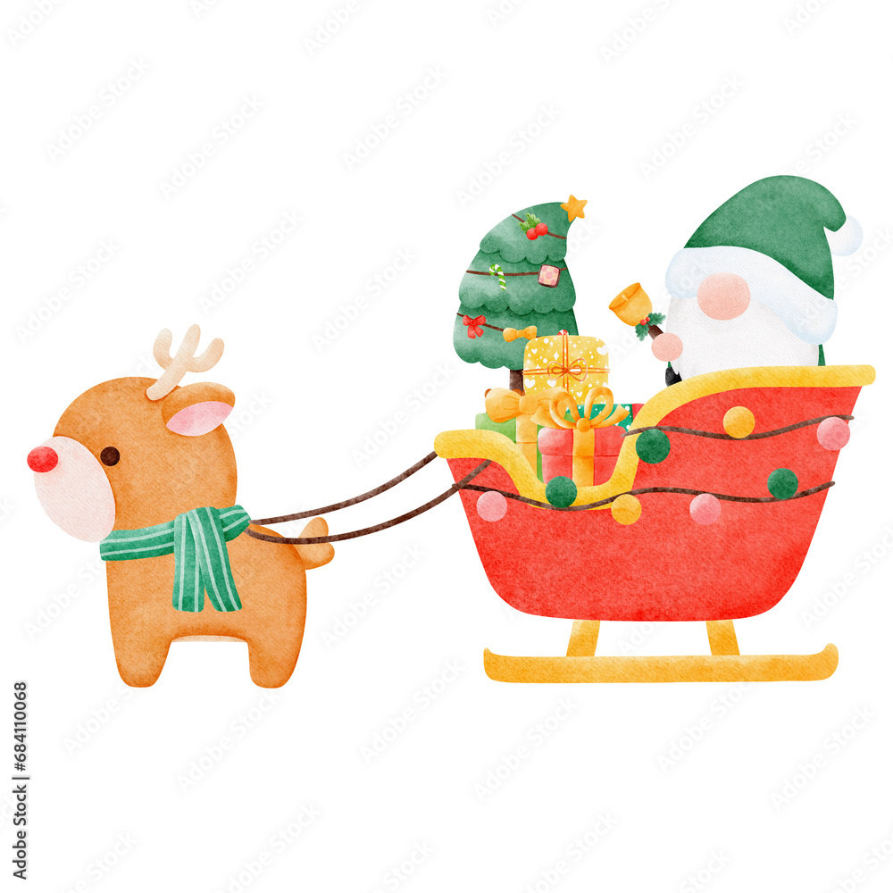 Obraz premium Kawaii santa claus sleigh with christmas tree watercolor hand drawing illustration