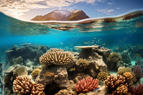 Sunset splendor meets underwater marvel in a split-view image of a coral reef.