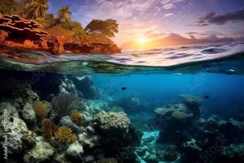 Sunset splendor meets underwater marvel in a split-view image of a coral reef.