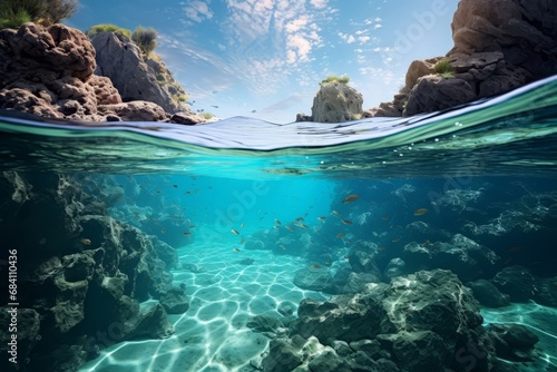 Crystal clear underwater world meets rocky coastal landscape in a serene split view. © Phanida