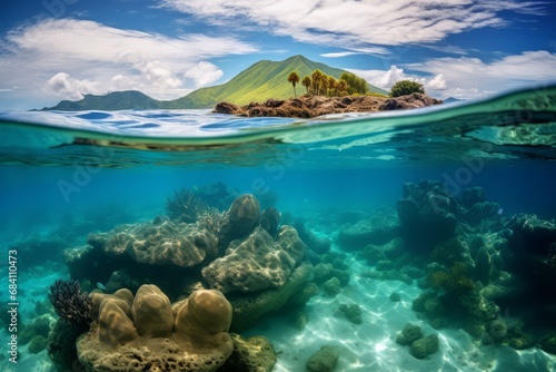 Crystal clear underwater world meets rocky coastal landscape in a serene split view.