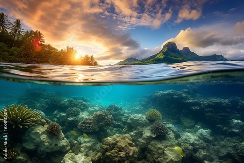 Sunset splendor meets underwater marvel in a split-view image of a coral reef. © Phanida