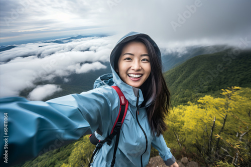 Happy Asian girl tourist taking a selfie portrait in the mountains against the background of clouds