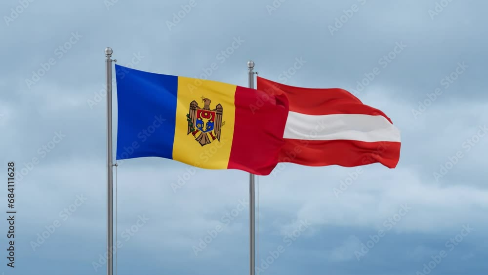 Austria flag and Moldova flag waving together on cloudy sky, endless seamless loop, two country relations concept Austria flag and Moldova flag waving together on cloudy sky, endless seamless loop, two country relations concept