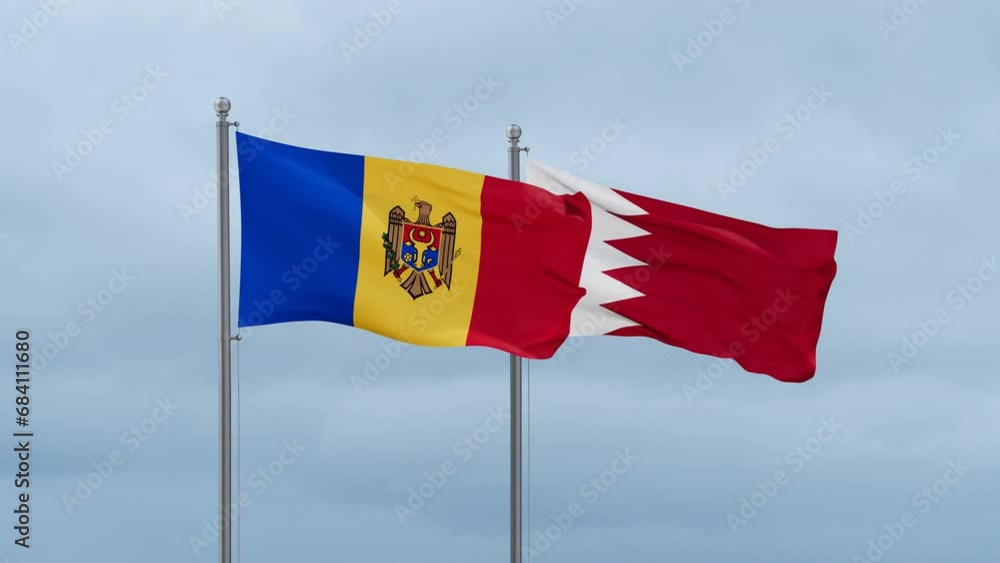 Bahrain flag and Moldova flag waving together on cloudy sky, endless seamless loop, two country relations concept Bahrain flag and Moldova flag waving together on cloudy sky, endless seamless loop, two country relations concept