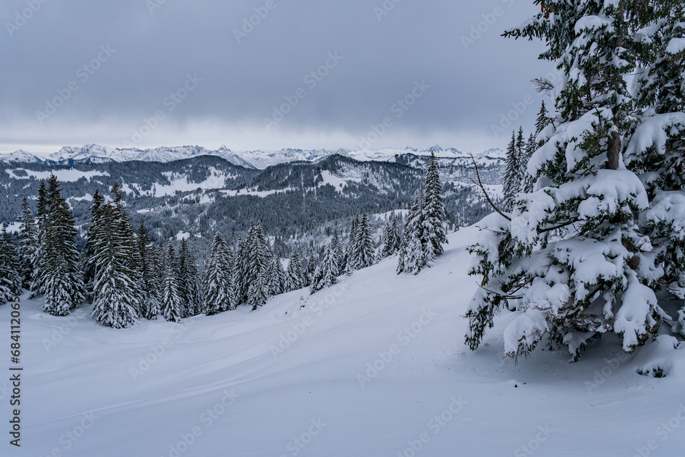 Fototapeta premium Snowshoe tour to the Tennenmooskopf on the Nagelfluhkette in the Allgau Alps