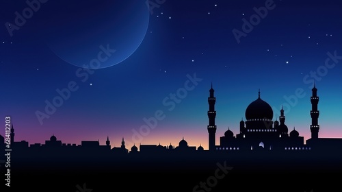 Silhouettes of Mosque dome and crescent moon in the background, symbol of Islamic religion and empty space for text. Generative AI © @desy