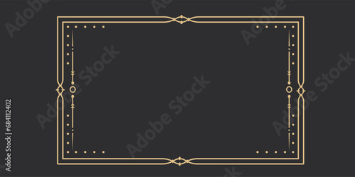 Golden celestial frame, border, line art esoteric minimal decoration with sparkles isolated on dark background.