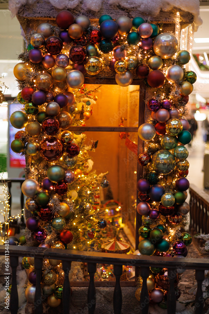 New Year's and Christmas decorations, toys and garlands in fabulous settings.